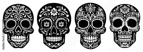 Sugar skulls set for Day of the Dead Dia de los Muertos. Hand drawn mexican calaveras with floral ornaments vintage tattoo style.