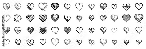 Huge collection of hand drawn heart doodles and romantic symbols. Set of ink hearts for Valentines Day wedding and love concept.