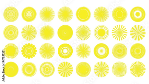 A vibrant collection of yellow circular patterns with varying internal designs arranged in a grid Vector