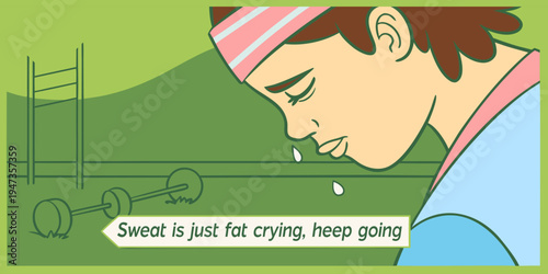 Close up athlete training with sweat and determination. Motivational fitness quote concept for gym training, endurance workout, discipline mindset and healthy active lifestyle banner.