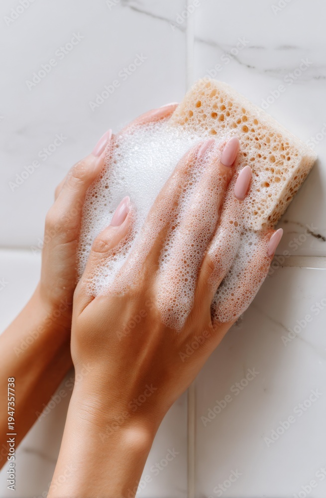 Fototapeta premium Woman's Hands Squeezing a Soapy Sponge Against White Tiled Wall, Close-up View for Hygiene and Skincare Concepts