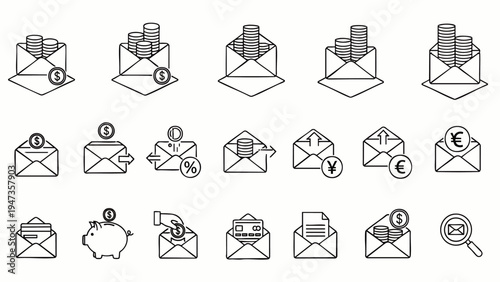 Financial Icons: Envelopes with Coins, Piggy Bank, Charts, and Currency Symbols