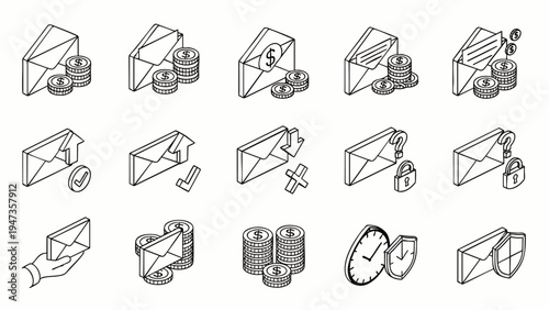 Set of isometric line icons representing email, money, security, and communication processes