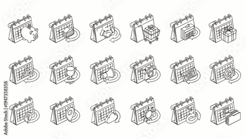 Isometric Calendar Icons with Various Symbols Representing Events, Appointments, and Planning