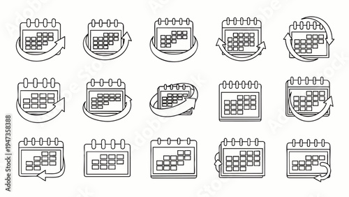 Set of Calendar Icons with Arrows, Representing Time, Planning, Schedules, and Deadlines