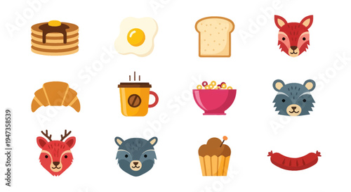 Breakfast food and animal faces icons