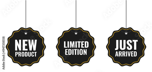 Set of hanging black tags for new product arrivals and limited edition items with yellow border