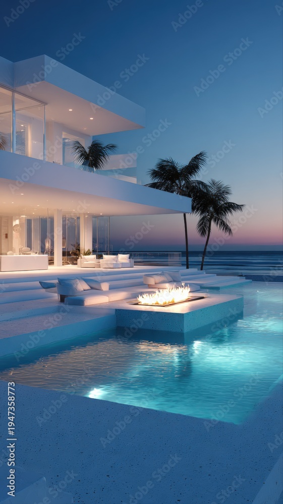 Fototapeta premium Luxury Coastal Villa at Twilight with Infinity Pool and Fire Pit Overlooking the Ocean
