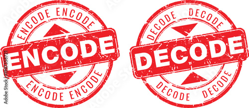 Принти на полотні Set of red circular grunge rubber stamps with encode and decode text for data se