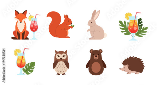 Cartoon animals and drinks vector illustration