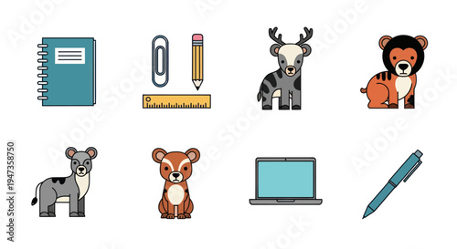 Cartoon animals and office supplies illustration