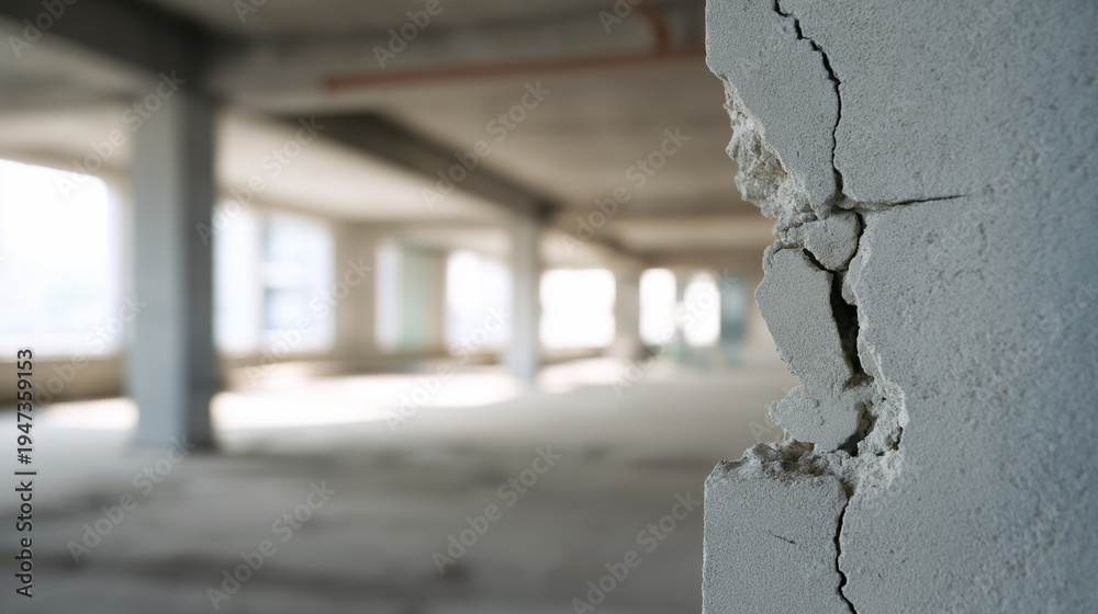 Fototapeta premium Cracked concrete support pillar inside abandoned unfinished building structure.