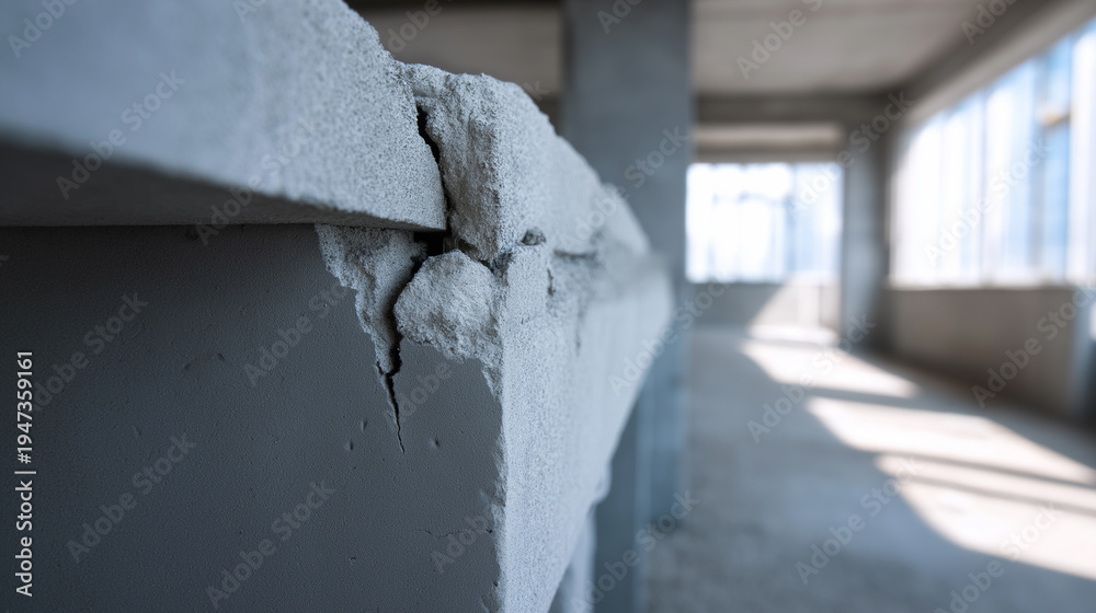 Fototapeta premium Cracked concrete support pillar inside abandoned unfinished building structure.