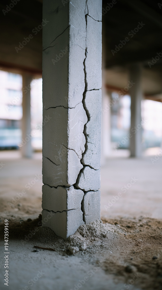 Fototapeta premium Cracked concrete support pillar inside abandoned unfinished building structure.