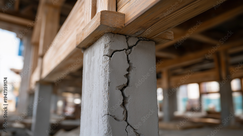 Fototapeta premium Cracked concrete support pillar inside abandoned unfinished building structure.
