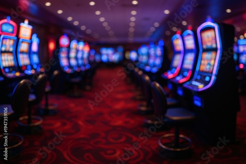 Wallpaper Mural Blurred rows of slot machines inside a casino with ambient lighting and red carpeting offering gambling opportunities Torontodigital.ca
