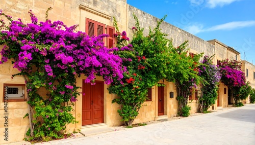An eye-level shot displays a street of uniform buildings with red doors. Vibrant flowers cascade over the walls. A clear blue sky completes the scene