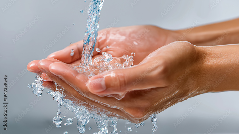 Fototapeta premium Hands holding clean flowing water symbolizing hygiene, purity and sustainable water use.