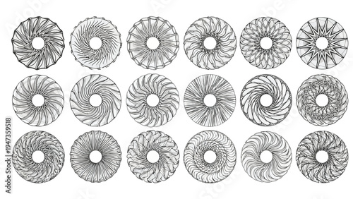 Intricate geometric patterns featuring circular symmetry and interlocking designs Vector