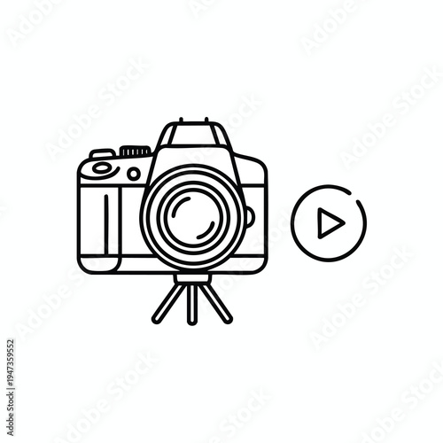 Outline of a camera on a tripod next to a play button icon