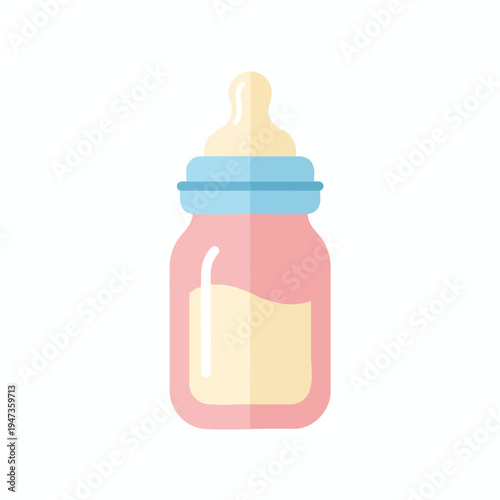 A flat icon of a pink baby bottle with a yellow nipple, blue cap, and pale yellow liquid inside