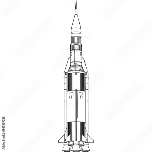 A detailed technical drawing of a multi-stage rocket with fins and multiple rocket engines