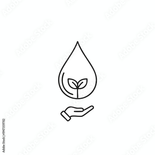 Line icon of a seedling under a water droplet, held by a cupped hand