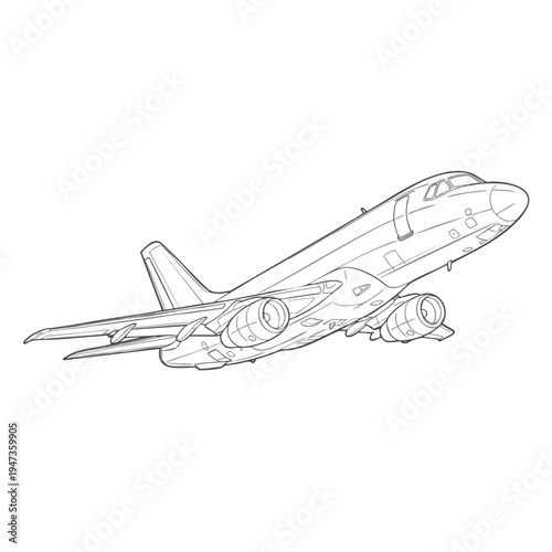 Detailed line drawing of a jet airplane with engines mounted below its wings