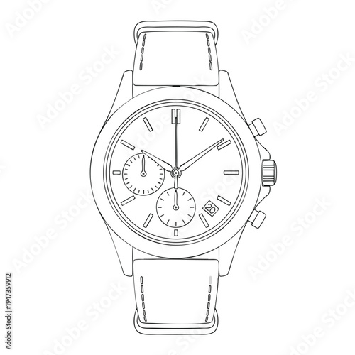 Detailed outline sketch of a chronograph wristwatch with a leather strap