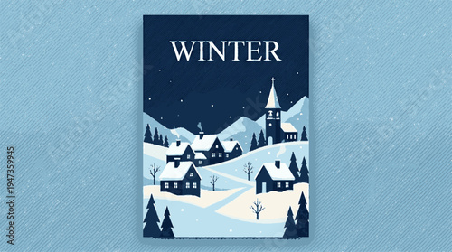 Winter village scene with snow covered houses church and pine trees under a starry night sky