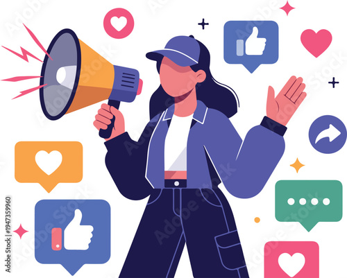 Woman Announcing Marketing Campaign with Social Media Icons