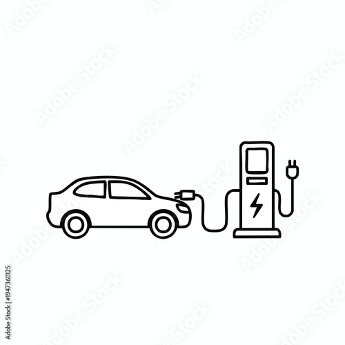 Line drawing of an electric car connected to a charging station with a plug