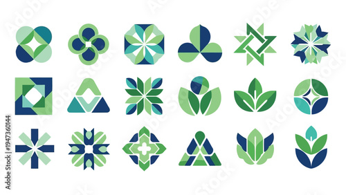 Colorful geometric shapes composed of smaller interconnected symbols and patterns Vector