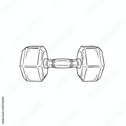 Black and white illustration of a single hexagonal dumbbell