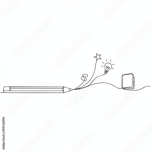 A single line drawing depicts a pencil, blossoming into ideas, a lightbulb, and a book