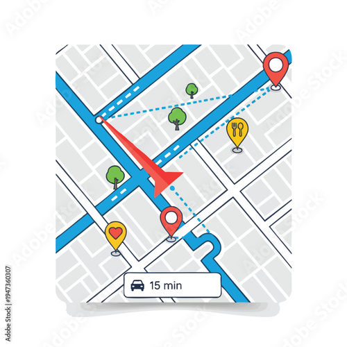 A stylized map shows a route with pins, a car icon, and a 15-minute travel time