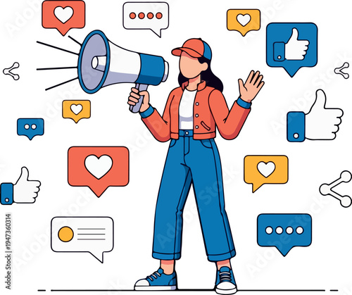 Social Media Marketing Strategy Woman Promoting Content with Megaphone and Digital Icons