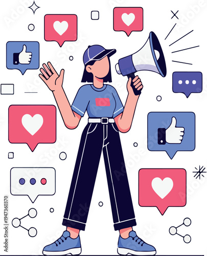 Social Media Marketing and Digital Promotion Concept with Woman and Megaphone