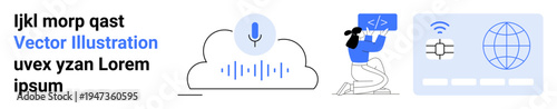 Digital communication, voice recognition, coding, cloud services, technology advancements, global connectivity. Cloud icon with sound waves and a person coding. Voice recognition and cloud services