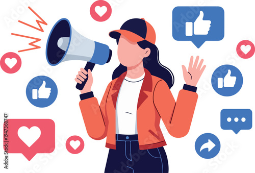 Social Media Marketing Announcer with Megaphone and Engagement Icons