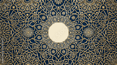 Intricate islamic geometric rosette medallion features symmetrical blue and gold patterns with a central circular motif