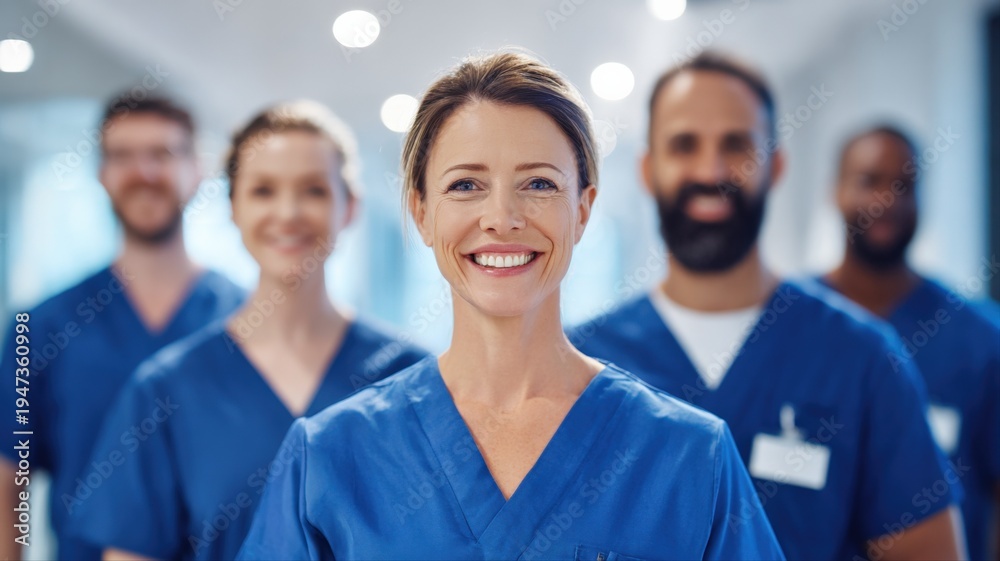 Fototapeta premium Dedicated Medical Team: Confident Healthcare Professionals Smiling in Hospital Setting, Demonstrating Teamwork and Patient Care