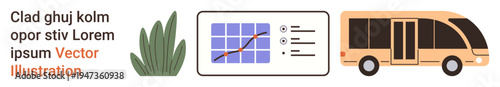 Travel, data visualization, statistics presentation, eco-lifestyle, transport design, and nature . Includes a bus, a chart a plant and dummy text. Travel and data visualization concept
