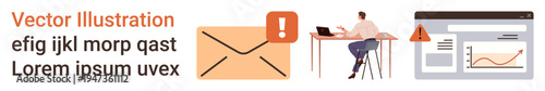 Email communication, office work, data analytics, online warnings, productivity, notifications. Envelope with alert icon, person at desk data dashboard. Email communication and office work concept