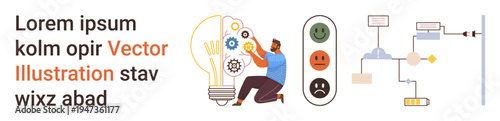 Innovation, problem-solving, technological progress, process optimization, digital tools, creativity. A man interacts with gears and a light bulb, adjacent to process diagrams. Innovation