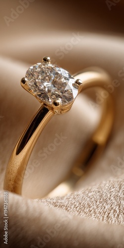 Wallpaper Mural Elegant gold engagement ring with an oval cut diamond displayed on luxurious champagne-colored silk fabric Torontodigital.ca