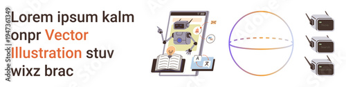 Artificial intelligence, e-learning, robotics, digital education, language translation, automation. Robot on a screen with books and digital devices. AI education and robotics concept