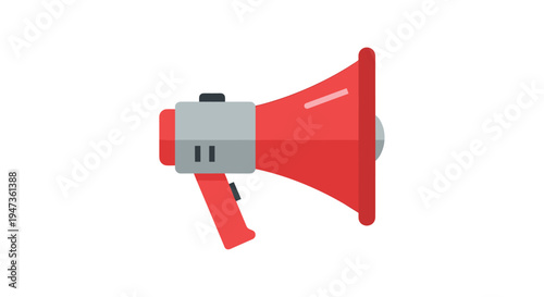 A vibrant red megaphone with grey accents on its handle and speaker details is depicted in a flat design style, facing towards the right, cleanly isolated against a bright, expansive white background.