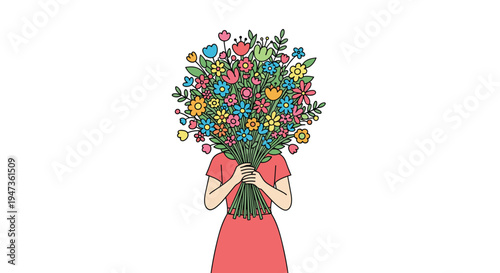 A woman in a red dress holds a large, vibrant bouquet of various flowers that completely obscures her face against a plain white background.