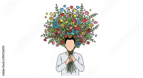 A man in a light shirt holds a large, vibrant bouquet of various flowers that completely obscures his face against a plain white background.
